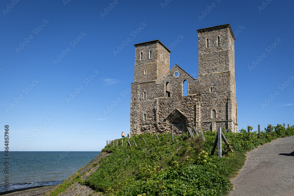 Reculver castle ruins and tower on the north kent coast, UK