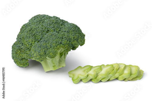 Fresh raw broccoli and a chopped stem isolated on white background  photo