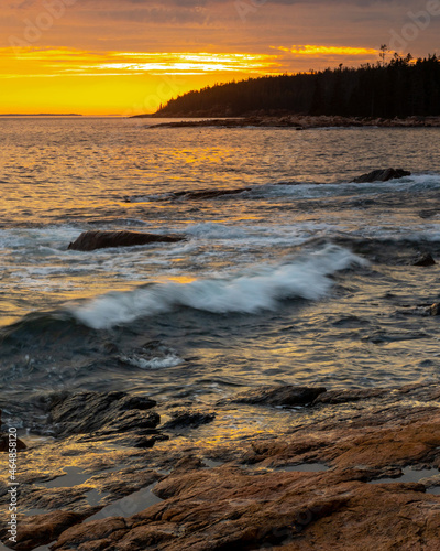 Acadia National Park, ME - USA - Oct. 13, 2021: Sunset vertical view of Ship Harbor at Acadia National Park in the Fall. View of surf hitting rocks as sun sets.