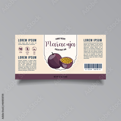 Passionfruit jam label template. Modern vector packaging design layout. Isolated