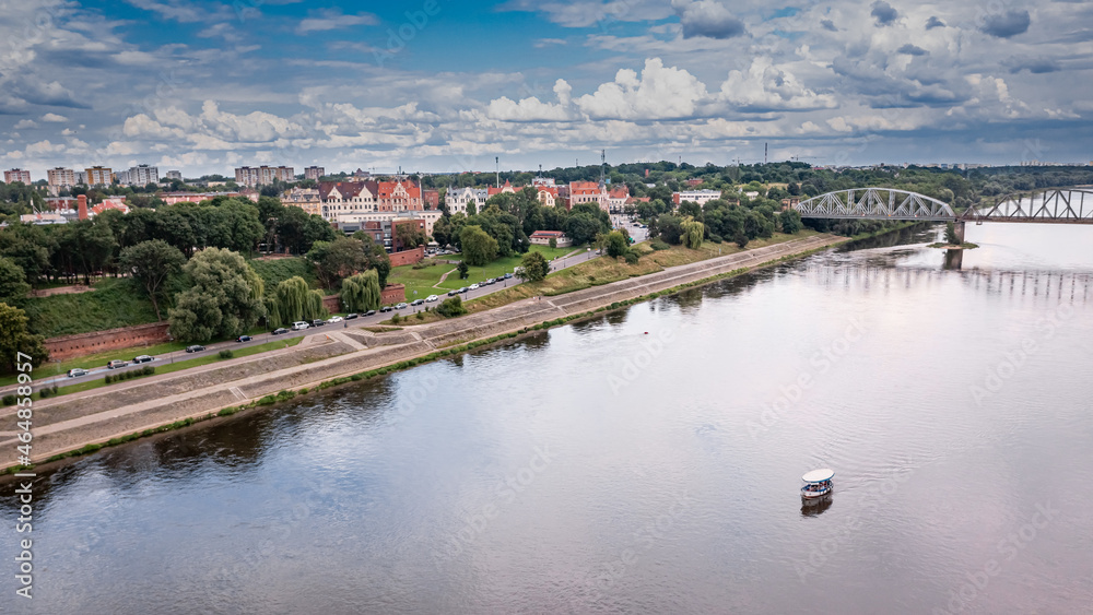 Aerial view of Torun old town and Vistula river.