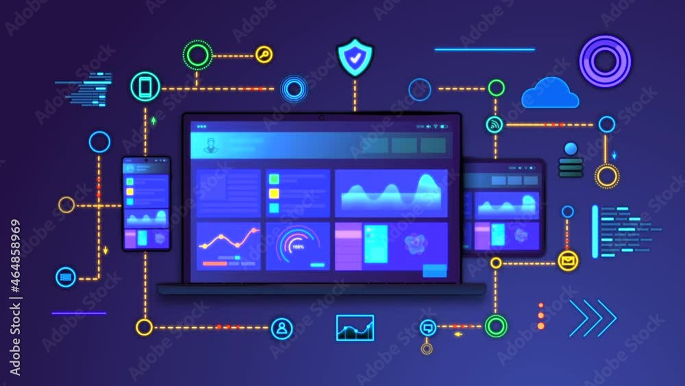 Cross platform site concept. Popup digital devices. Moving laptop, smartphone and tablet with adaptive interface. Web development. Cloud data storage. Graphic animated cartoon in high resolution