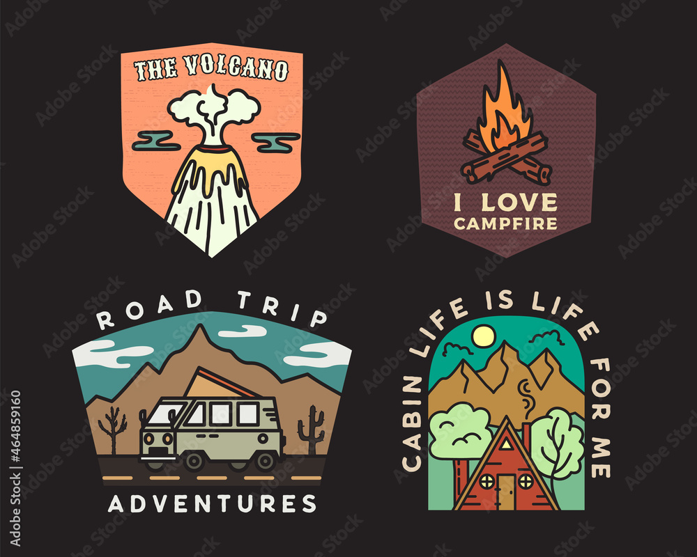 Vintage mountain camp badges logos set, Adventure stickers. Hand drawn emblems bundle. Road trip, Travel expedition, campfire labels. Outdoor hiking designs. Logotypes collection. Stock .