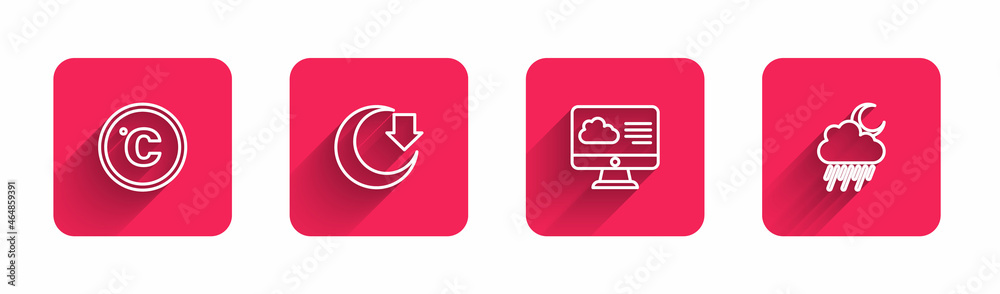 Set line Celsius, Moon, Weather forecast and Cloud with rain and moon with long shadow. Red square button. Vector Set line Celsius, Moon, Weather forecast and Cloud with rain and moon with long shadow. Red square button. Vector