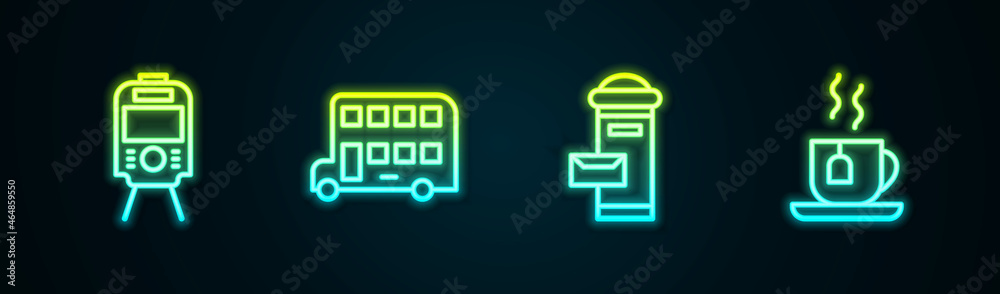 Set line Tram and railway, Double decker bus, London mail box and Cup of tea with tea bag. Glowing neon icon. Vector