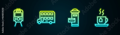 Set line Tram and railway, Double decker bus, London mail box and Cup of tea with tea bag. Glowing neon icon. Vector