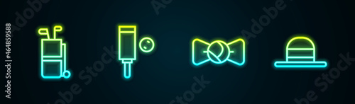 Set line Golf bag with clubs, Wood cricket bat and ball, Bow tie and Elegant women hat. Glowing neon icon. Vector