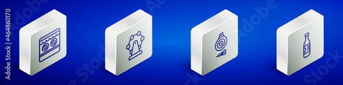 Set Isometric line Shooting gallery, Ferris wheel, Classic dart board and arrow and Bottle of water icon. Vector