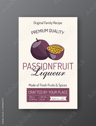 Passionfruit liqueur label template. Modern vector packaging design layout. Isolated