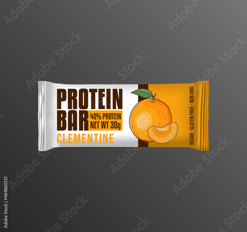 Clementine Protein Bar Label Design. Hand Drawn Illustration of Citrus plant