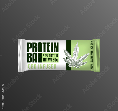 CBD Infused Protein Bar Label Design. Hand Drawn Illustration of Hemp plant