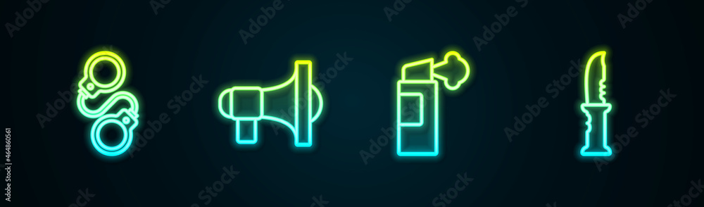 Set line Handcuffs, Megaphone, Pepper spray and Military knife. Glowing neon icon. Vector Set line Handcuffs, Megaphone, Pepper spray and Military knife. Glowing neon icon. Vector