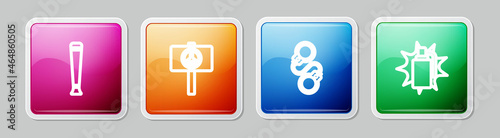 Set line Police rubber baton, Peace, Handcuffs and grenade. Colorful square button. Vector
