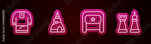 Set line Kosovorotka, The Tsar bell, Ushanka and Chess. Glowing neon icon. Vector