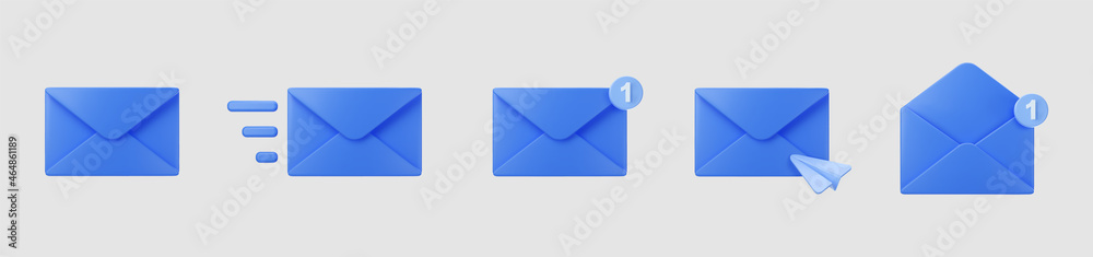 3d blue closed mail envelope icon set with marker new message isolated ...