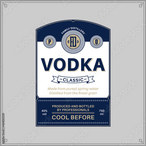 Vector vodka label template isolated on a grey background. Distilling business branding and identity design elements