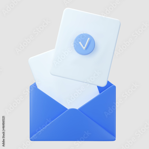 3d blue open mail envelope icon with check mark isolated on grey background. Render approvement concept, email notification with document and check mark icon. 3d realistic vector