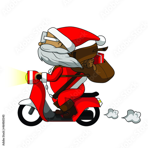 Santa Claus rides a motorcycle and has a bag on his back.