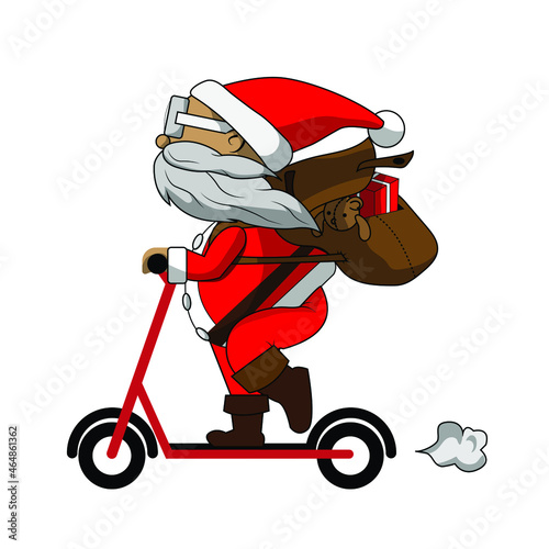 Santa Claus rides a scooter and has a bag on his back.