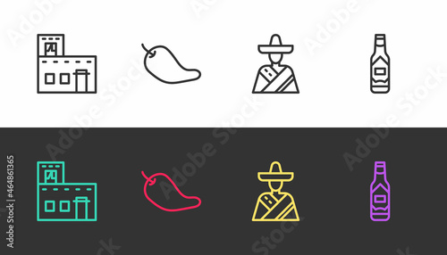 Set line Mexican house, Hot chili pepper pod, man sombrero and Tabasco sauce on black and white. Vector