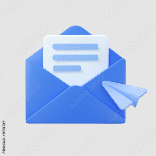 3d blue open mail envelope icon with paper plane isolated on grey background. Render new email notification. 3d realistic minimal vector