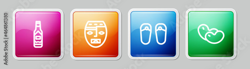 Set line Tabasco sauce, Aztec mask, Flip flops and Beans. Colorful square button. Vector