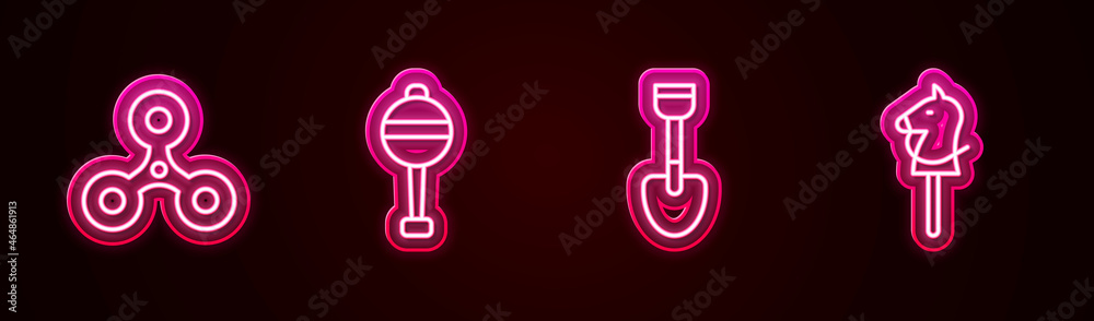 Set line Fidget spinner, Rattle baby toy, Shovel and Toy horse. Glowing neon icon. Vector Set line Fidget spinner, Rattle baby toy, Shovel and Toy horse. Glowing neon icon. Vector