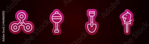 Set line Fidget spinner, Rattle baby toy, Shovel and Toy horse. Glowing neon icon. Vector