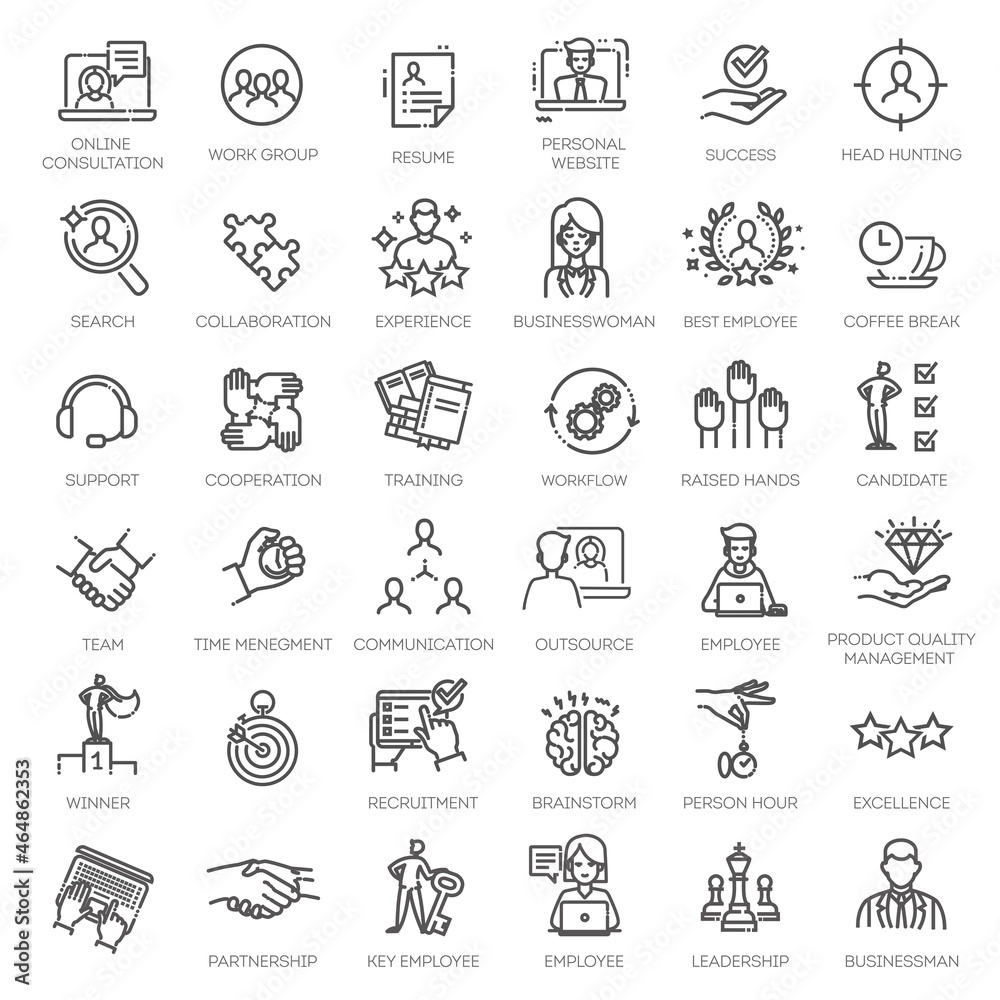 Business people, human resources, office management - thin line web icon set