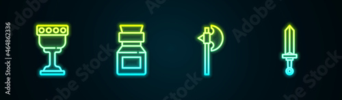 Set line Medieval goblet, Poison in bottle, axe and sword. Glowing neon icon. Vector