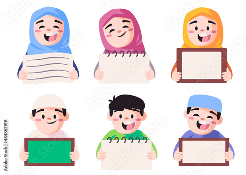 islamic students boys and girls holding small board to write your text or idea here modern cartoon flat color isolated vector illustration