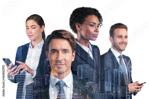 Group of four business people in suits using phones, pensively thinking. Asia corporate lifestyle, communication of diverse young professionals. Night Kuala Lumpur city view. Double exposure photo