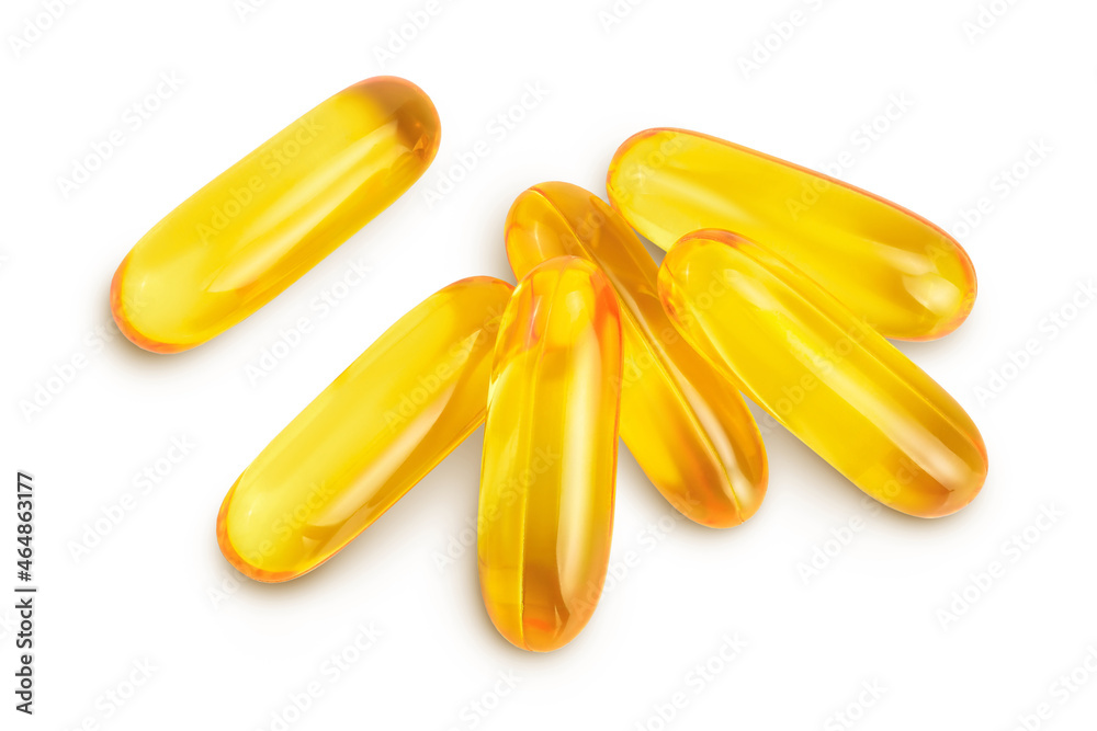 Fish oil capsules isolated on white background with clipping path and full depth of field. Top view. Flat lay Fish oil capsules isolated on white background with clipping path and full depth of field. Top view. Flat lay