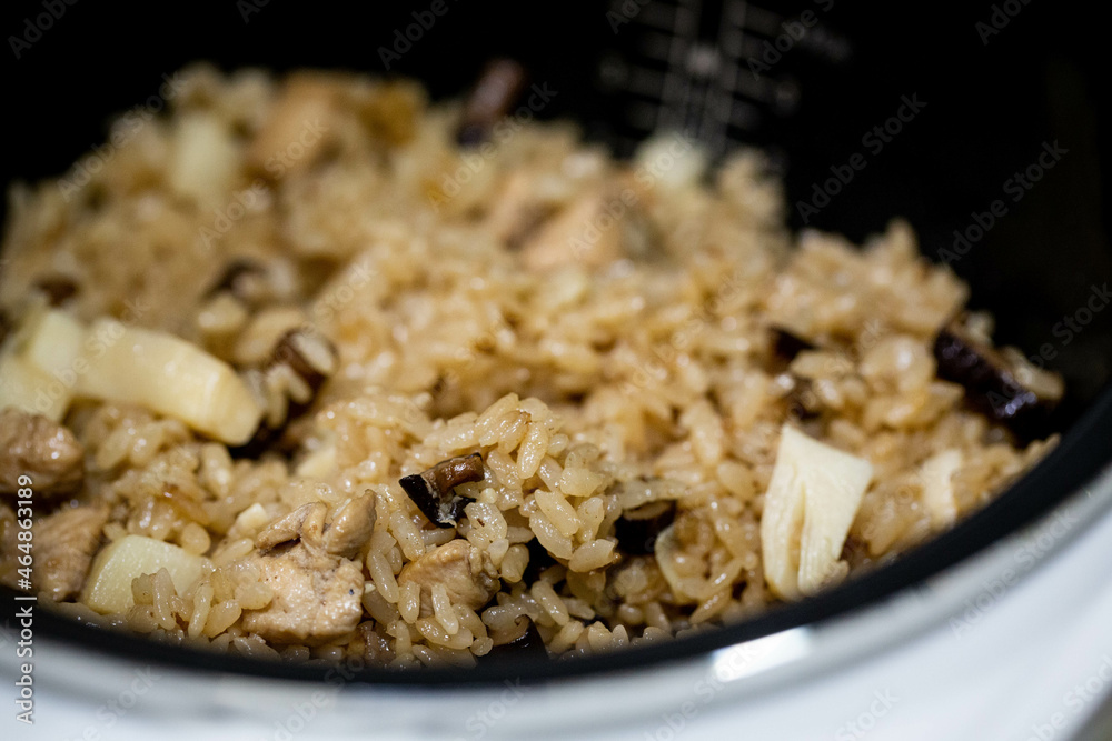 Rice cooked with chicken, bamboo shoots, mushrooms.Gohan. Rice cooked with chicken, bamboo shoots, mushrooms.Gohan.