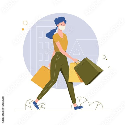 Illustration of a young lady wearing medical mask and holding the shopping packages. Flat vector design.