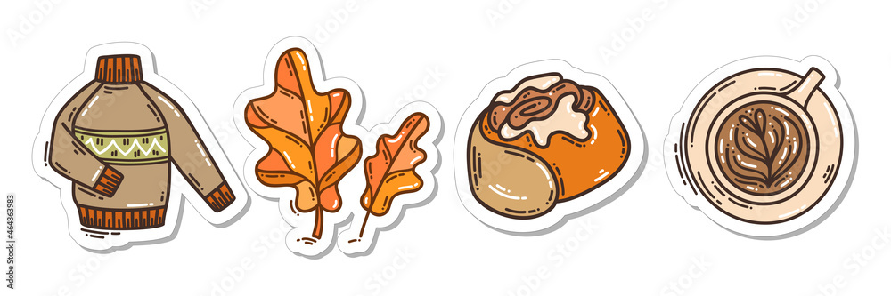 Colorful hand-drawn autumn mood sticker set with cup of coffee, oak leaves, sweater and a cinnamon bun in doodle style isolated on white background. Cute vector collection for seasonal decoration. Colorful hand-drawn autumn mood sticker set with cup of coffee, oak leaves, sweater and a cinnamon bun in doodle style isolated on white background. Cute vector collection for seasonal decoration.