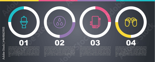 Set line Toilet bowl, Water drop, Electric boiler and Flip flops. Business infographic template. Vector