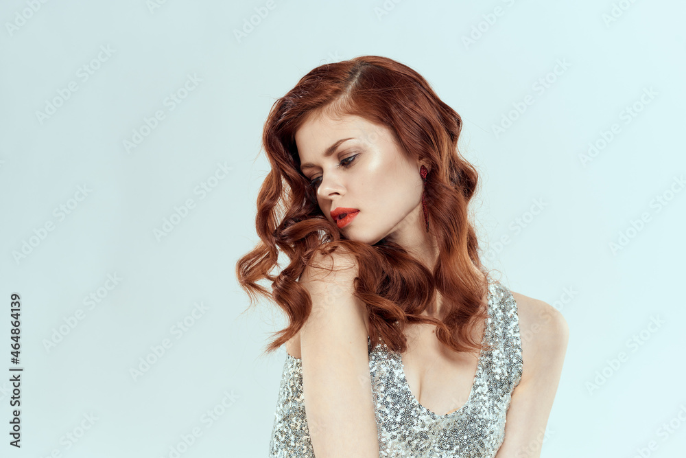 woman in silver dress fashionable hairstyle decoration Glamor posing