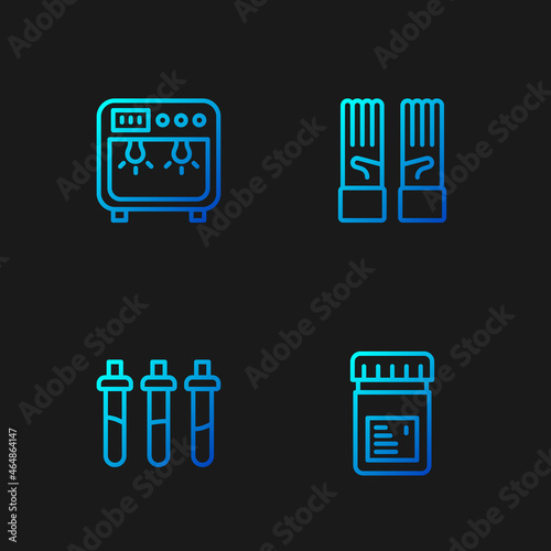 Set line Jar with additives, Reagent bottle, Biosafety box and Medical rubber gloves. Gradient color icons. Vector