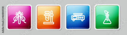Set line Experimental insect, Test tube flask on stand, Electronic scales and Plant breeding. Colorful square button. Vector