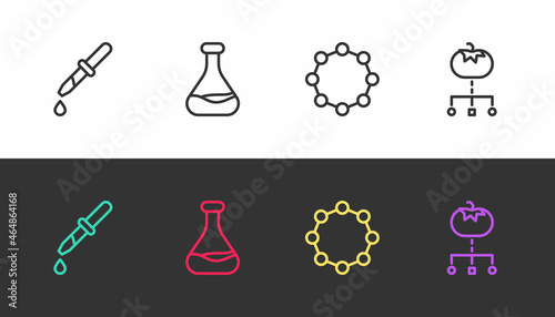 Set line Pipette, Test tube and flask, Chemical formula and Genetically modified food on black and white. Vector