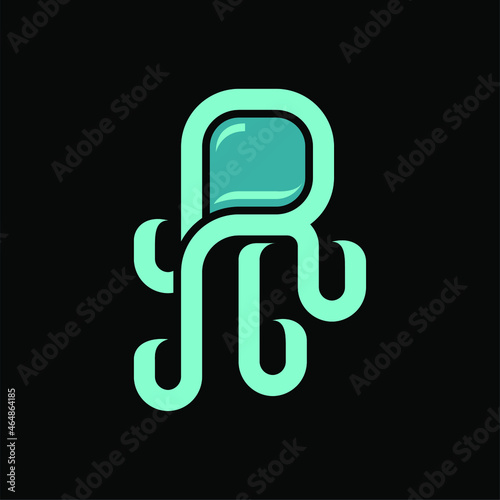 Modern, Minimalist, Abstract, Geometric ,Turquoise Colored Octopus Logo On Black Background Template Vector