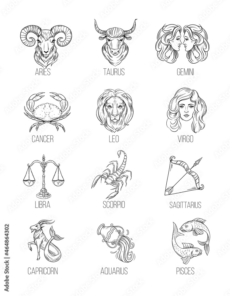Astrology signs, zodiac outline simbols. Vector set illustration