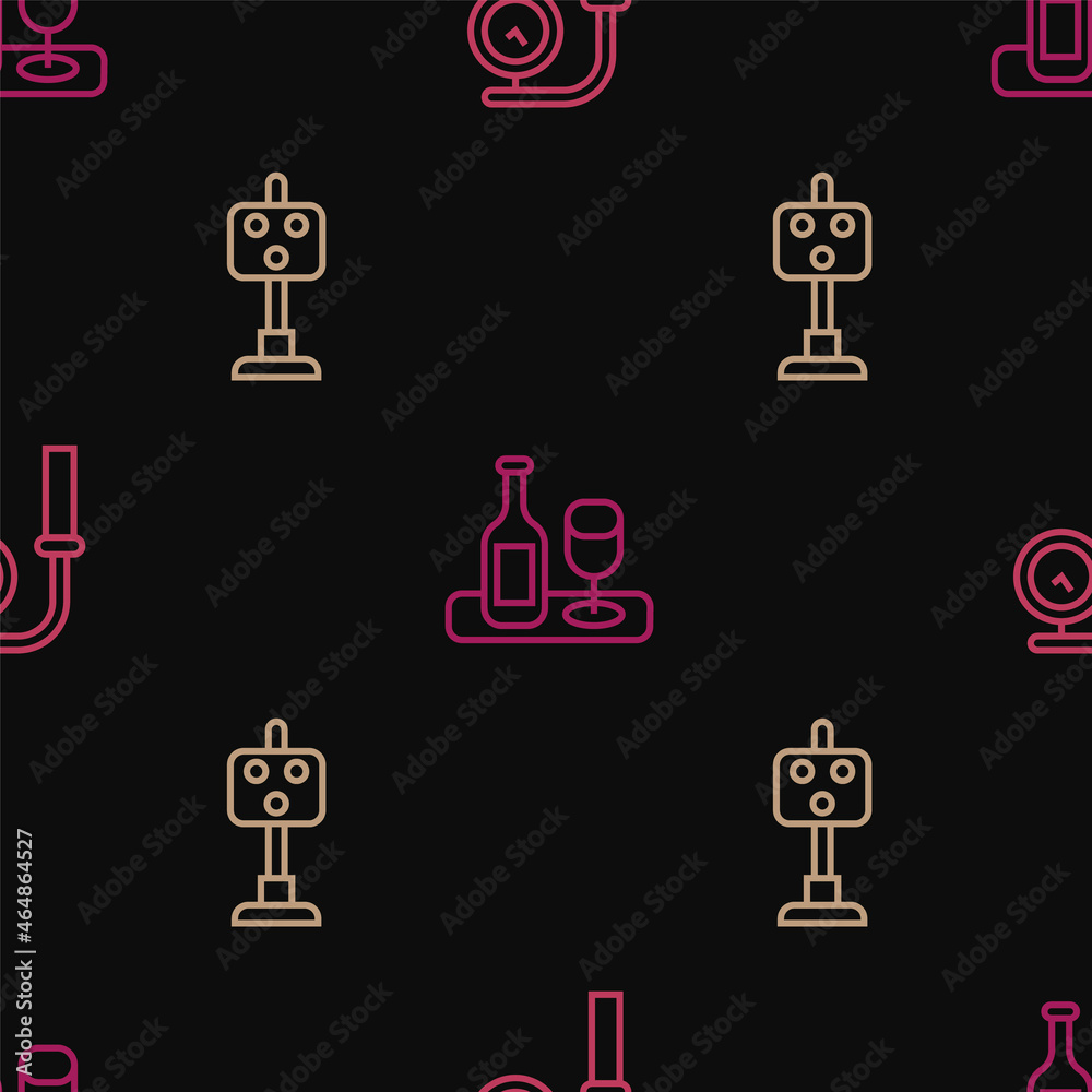 Set line Train station clock, traffic light and Wine bottle with glass on seamless pattern. Vector Set line Train station clock, traffic light and Wine bottle with glass on seamless pattern. Vector