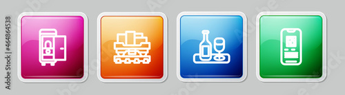Set line Toilet in the train car, Cargo wagon, Wine bottle with glass and E-ticket. Colorful square button. Vector
