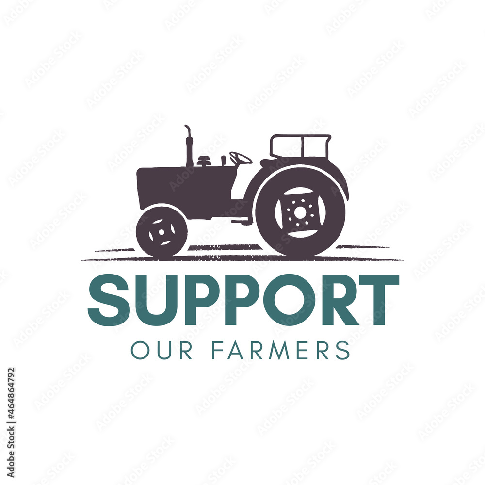 Support our farmer logo template. Farming badge with tractor. Stock badge