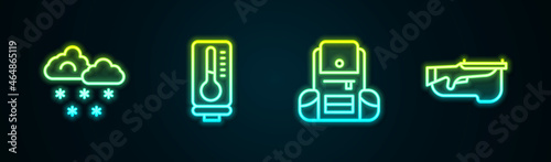 Set line Cloud with snow, Meteorology thermometer, Hiking backpack and Biathlon rifle. Glowing neon icon. Vector