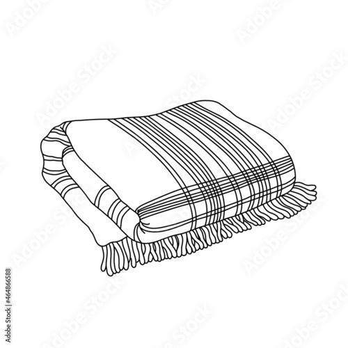 Outline folded Checkered Tartan Plaid with fringe. Warm Woolen Blanket. Cozy Autumn, Winter cold season home decor. Realistic  design element isolated. Hand drawn vector illustration, coloring