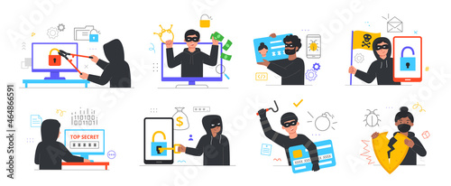 Hacker activity concept. Collection of characters stealing personal information, money, online passwords and bank cards. People cyber criminals. Cartoon flat vector set isolated on white background © Rudzhan