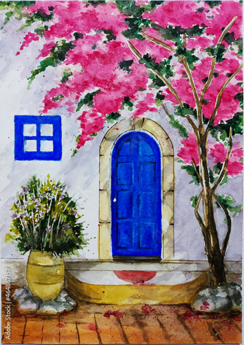 Hand drawn watercolor painting of blue door and bougenville